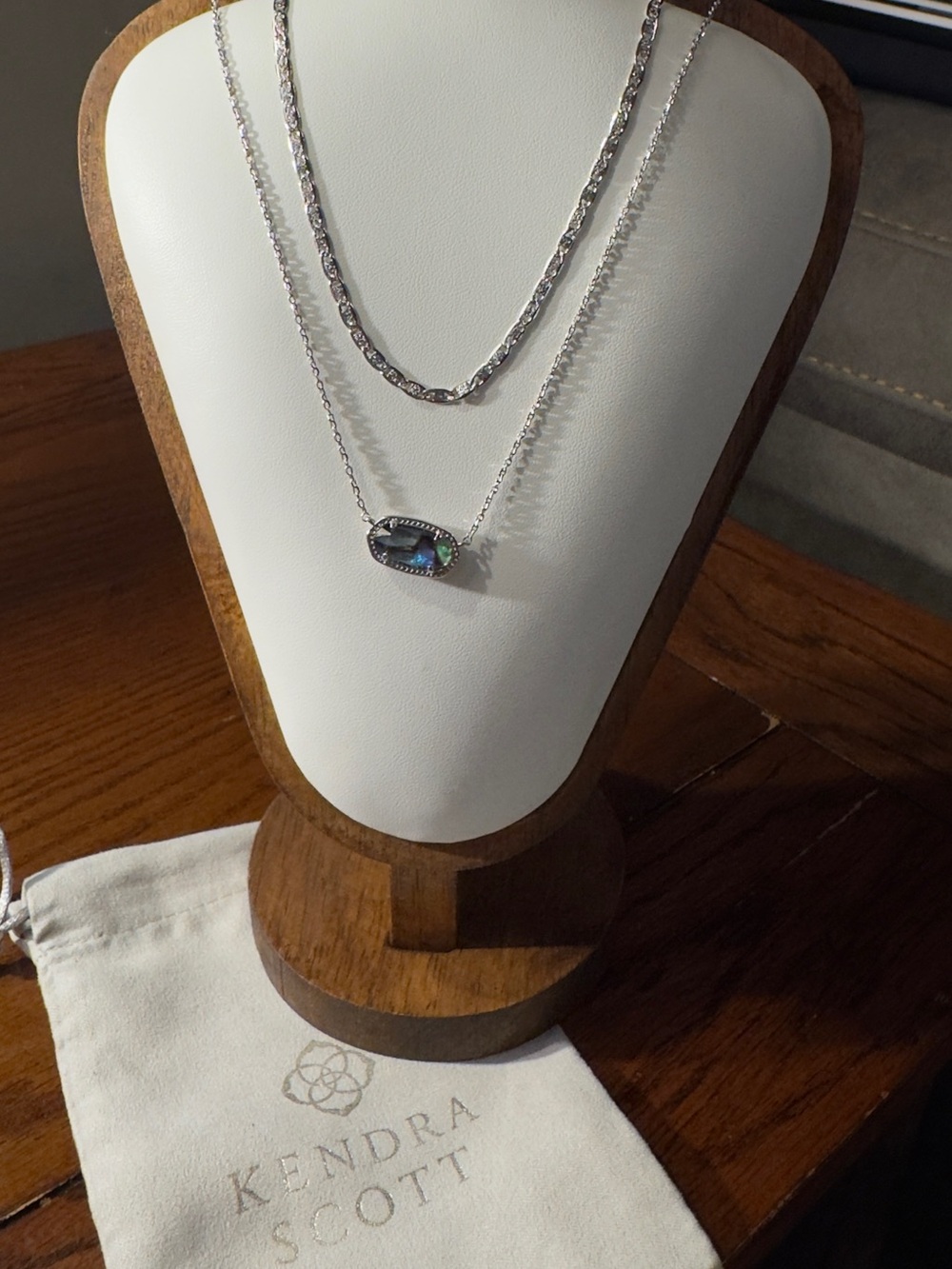 Kendra Scott Silver Double-Layer Necklace with Iridescent Blue-Green Stone